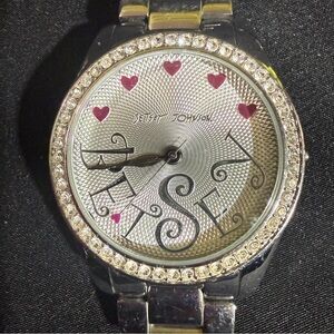 Betsey Johnson Silver Watch with Pink Heart Accents
